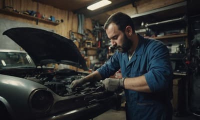 изображение автомеханика, занятого ремонтом автомобиля в небольшом гараже-автосервис